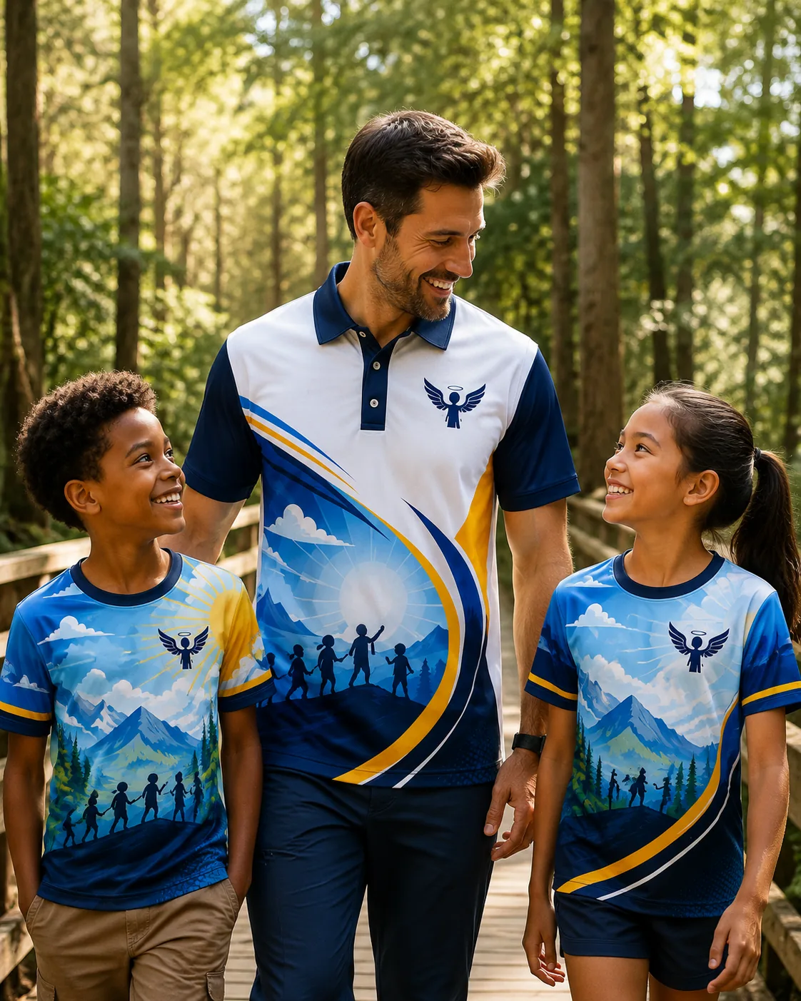 Adventurer club leader and two children on a forest boardwalk in coordinated navy, blue and yellow sublimated shirts