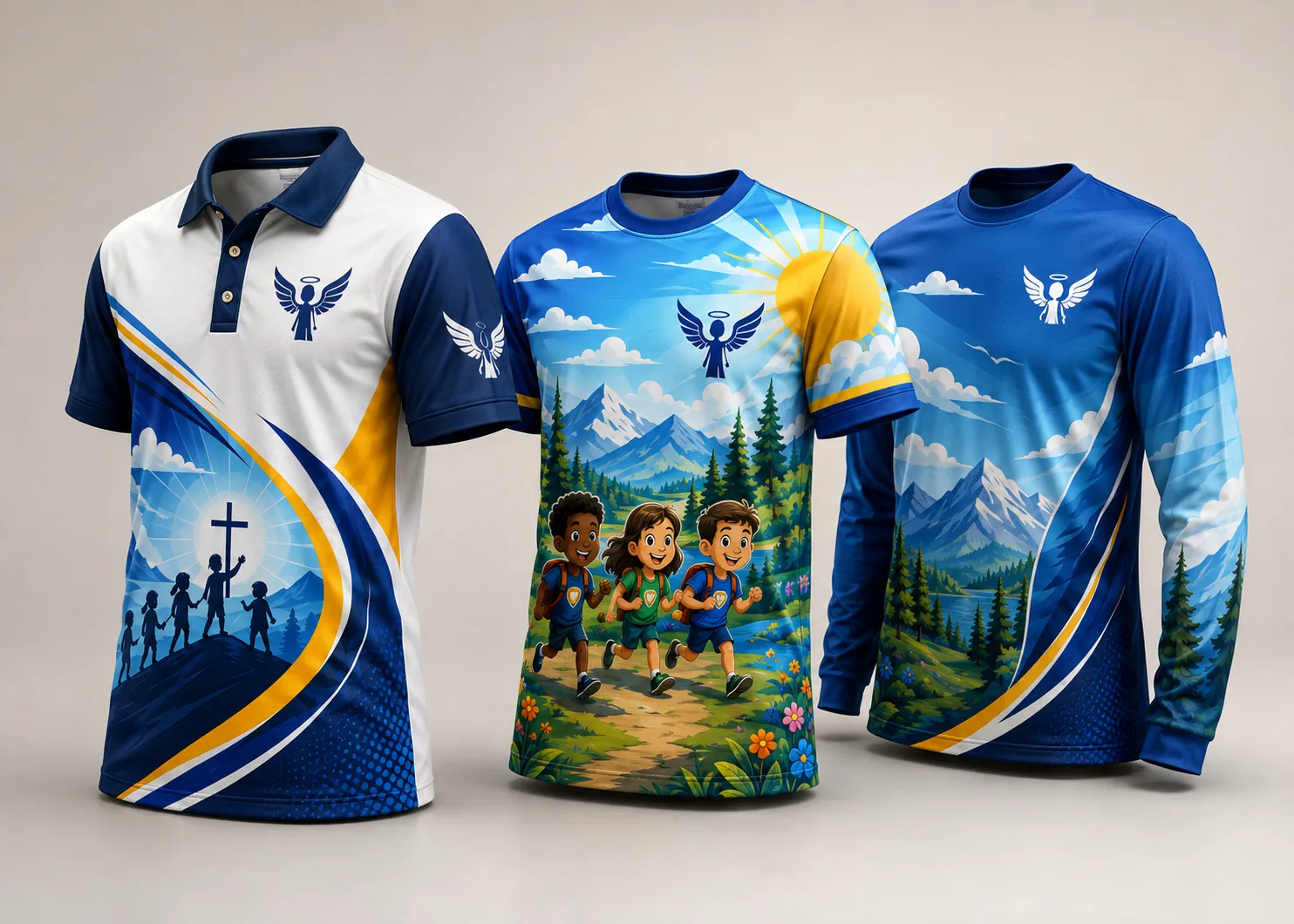 Three-piece Adventurer apparel system in navy, blue and yellow with mountain and sunrise sublimation
