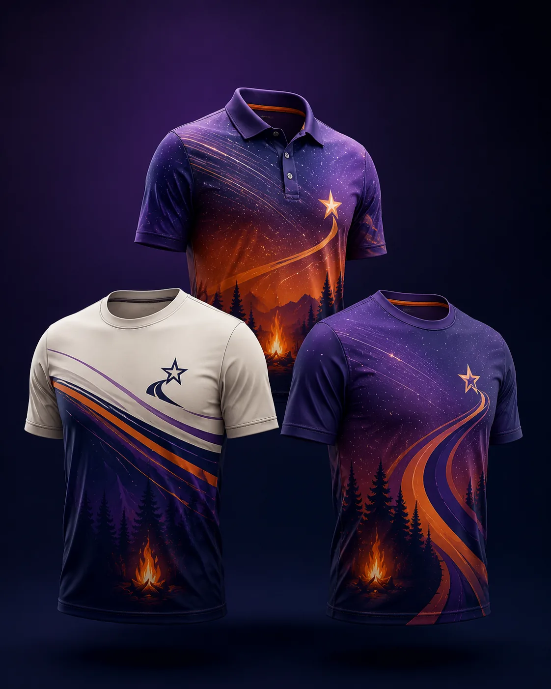 Three-piece Adventurer apparel system in purple and orange with starlight and campfire sublimation