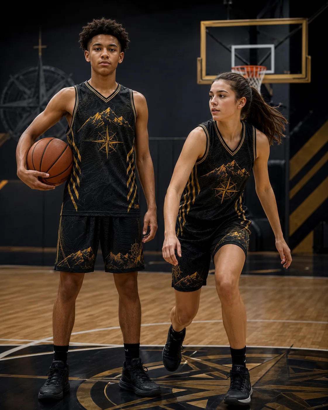 Two players on a court in black and gold sublimated basketball uniforms with compass and mountain artwork