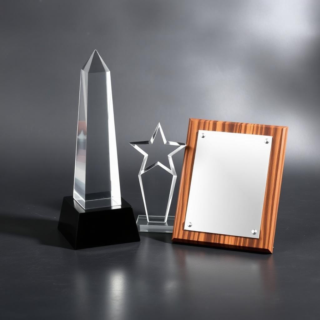 Crystal and hardwood recognition awards in studio light