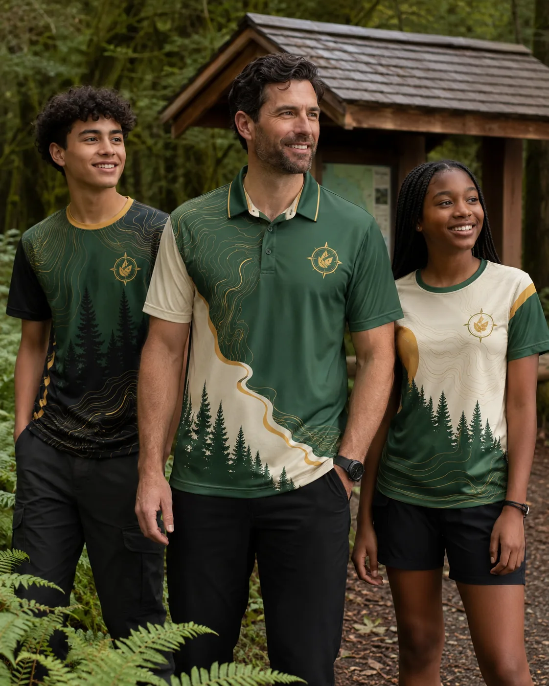 Club leader and two teens on a forest trail in green, cream and gold sublimated apparel