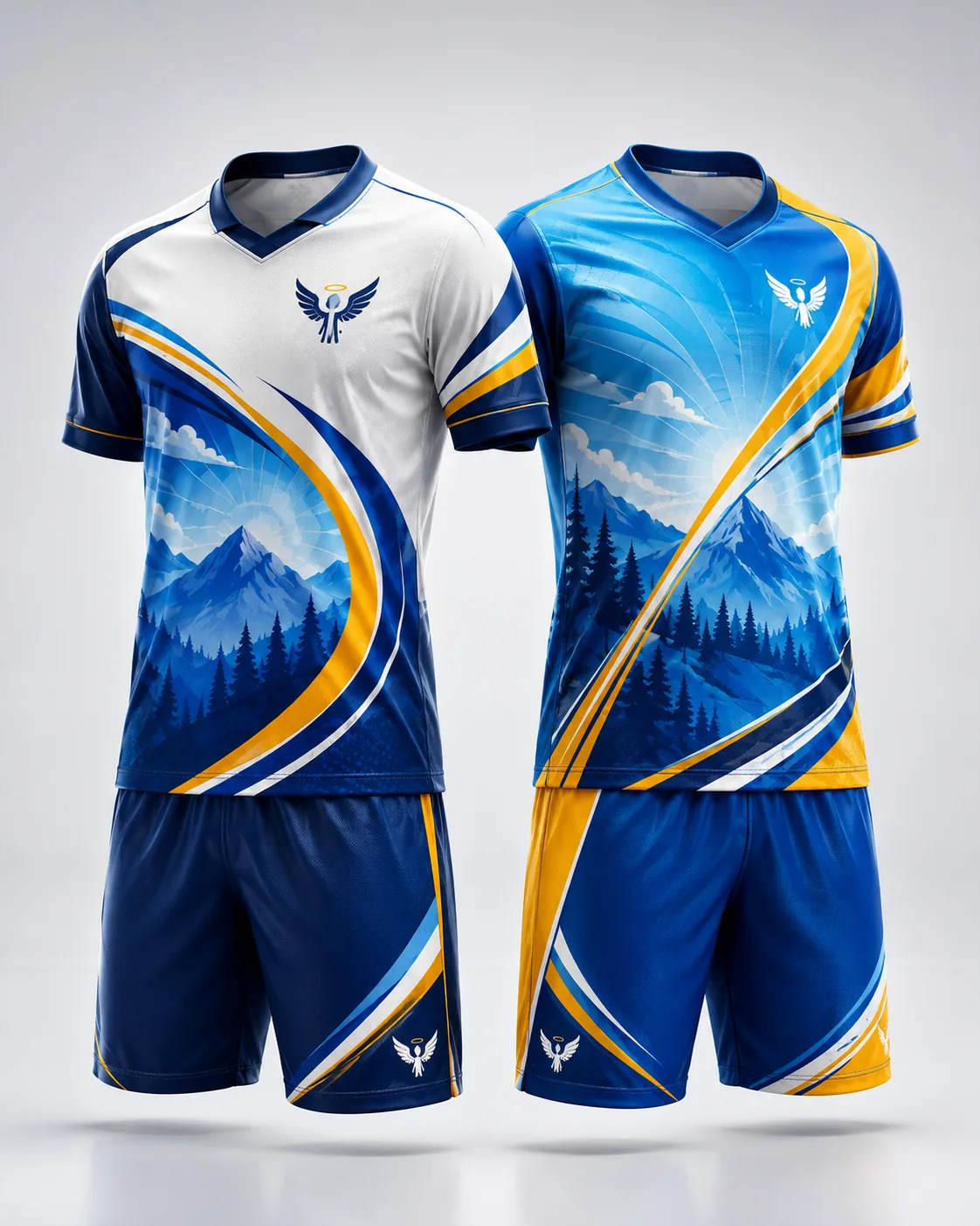 Two sublimated soccer kits in blue, white and gold shown with matching shorts in a studio