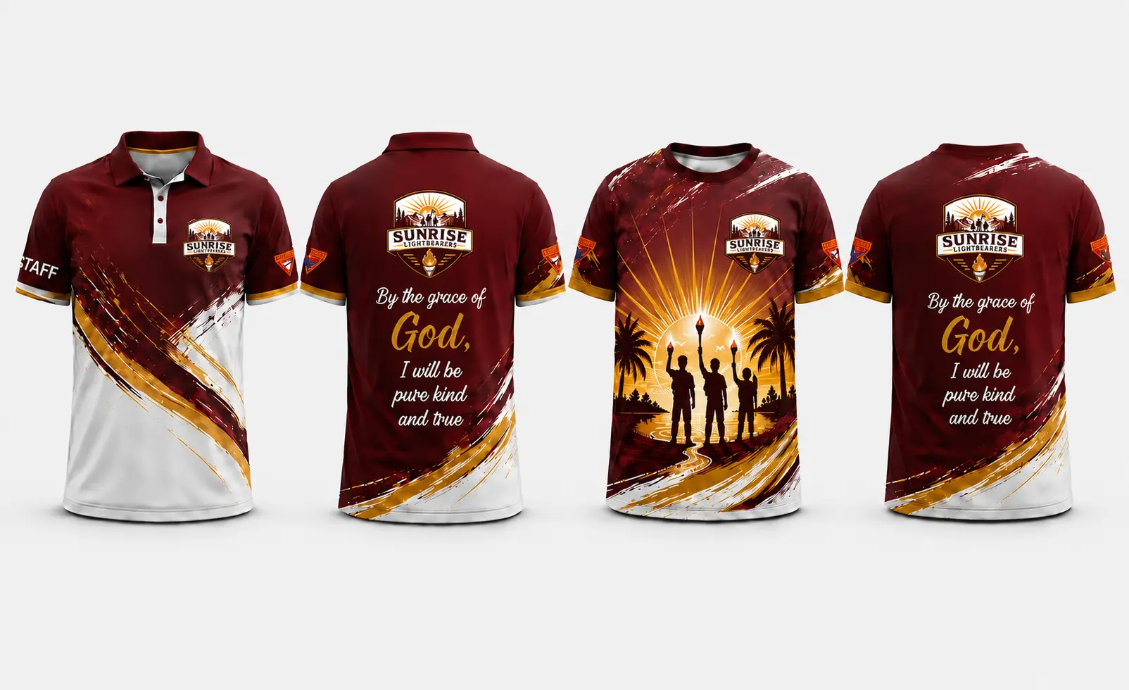 Maroon, gold and white Sunrise Lightbearers staff polo and member crew-neck shirts shown in clean front and back views